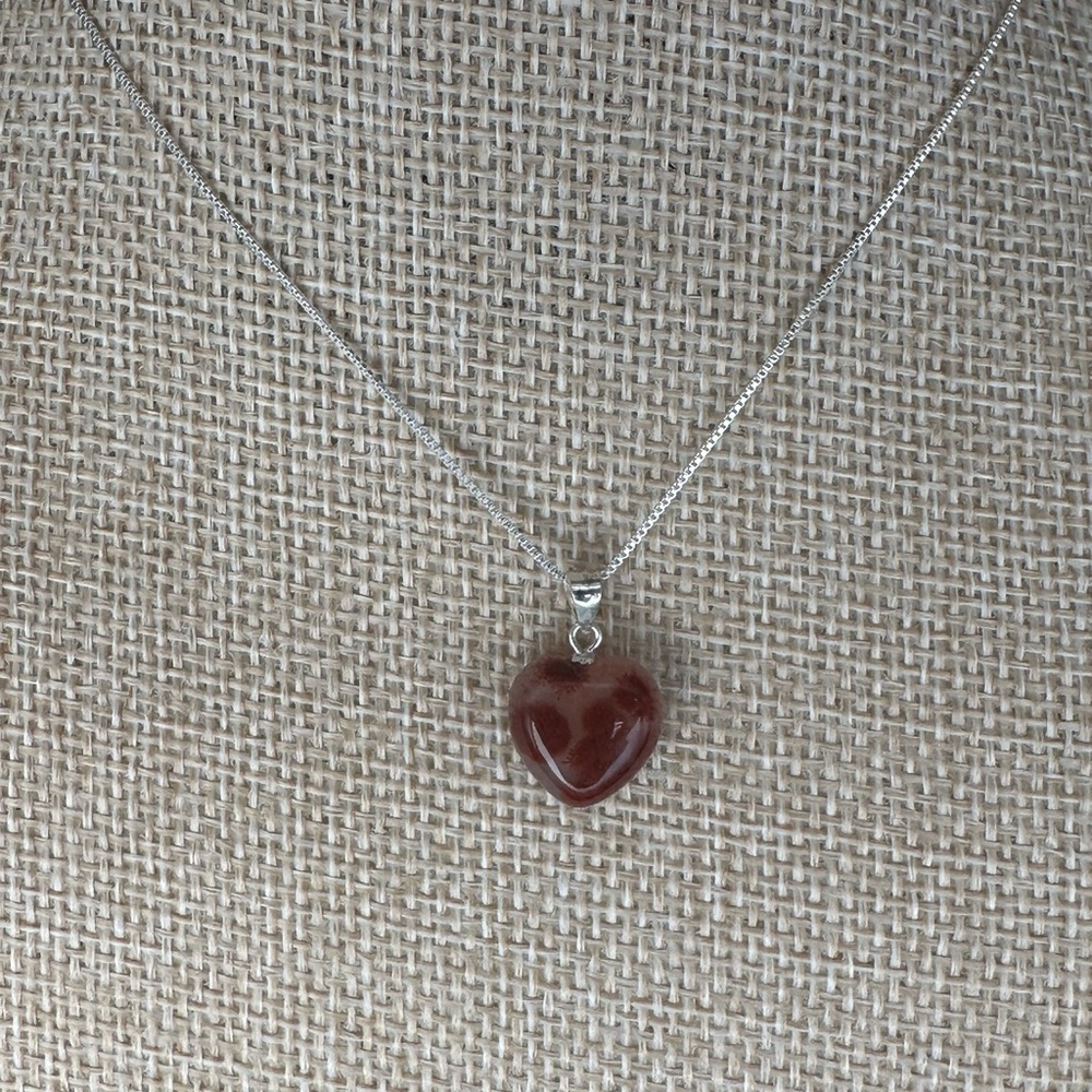 Heart-Shaped Cinnabar in Agate Pendant Necklace on Sterling Silver Bail & Chain - Picture 11 of 12